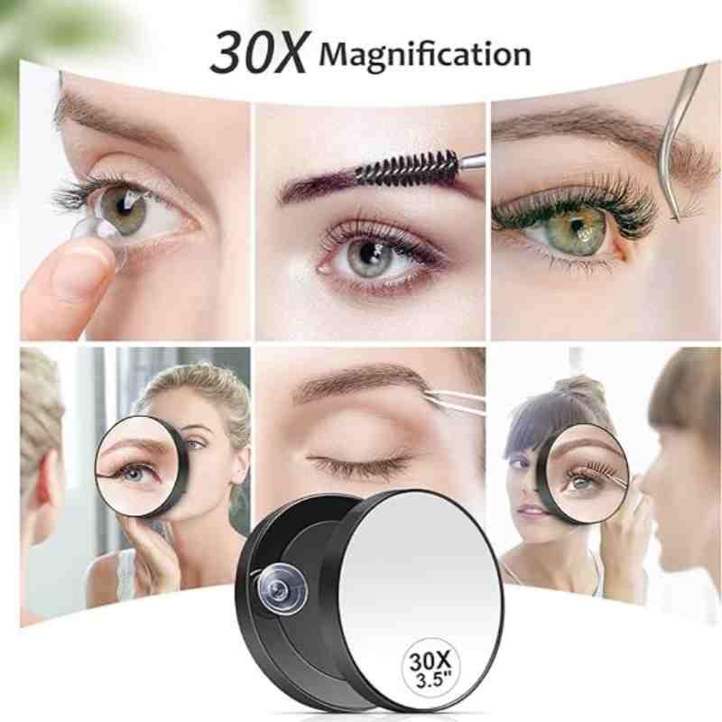 Magnifying Makeup Mirror & Tweezers Set, 2 Counts set, 30x Magnification Round Makeup Mirror & Tweezers, Suction Cup Blackhead Removal Round Small Mirror