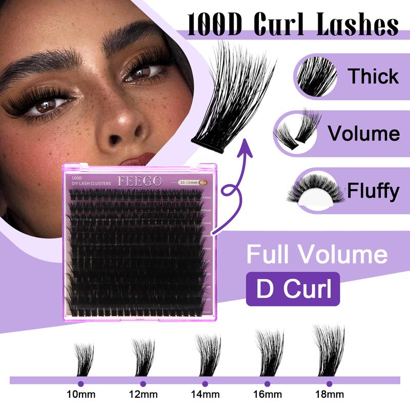 FEEGO 100D Fluffy Lash Extensions Kit 10-18mm Thick Eyelashs Clusters Kit Lashes Clusters with Bond and Seal DIY at Home for Beginners Waterproof