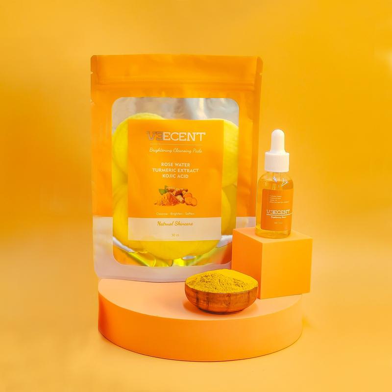 NEW-Veecent Brightening Turmeric Hyaluronic Acid Serum-Brighten +Turmeric and Kojic Cleansing Pads Daily Gentle Cleanser Cosmetic