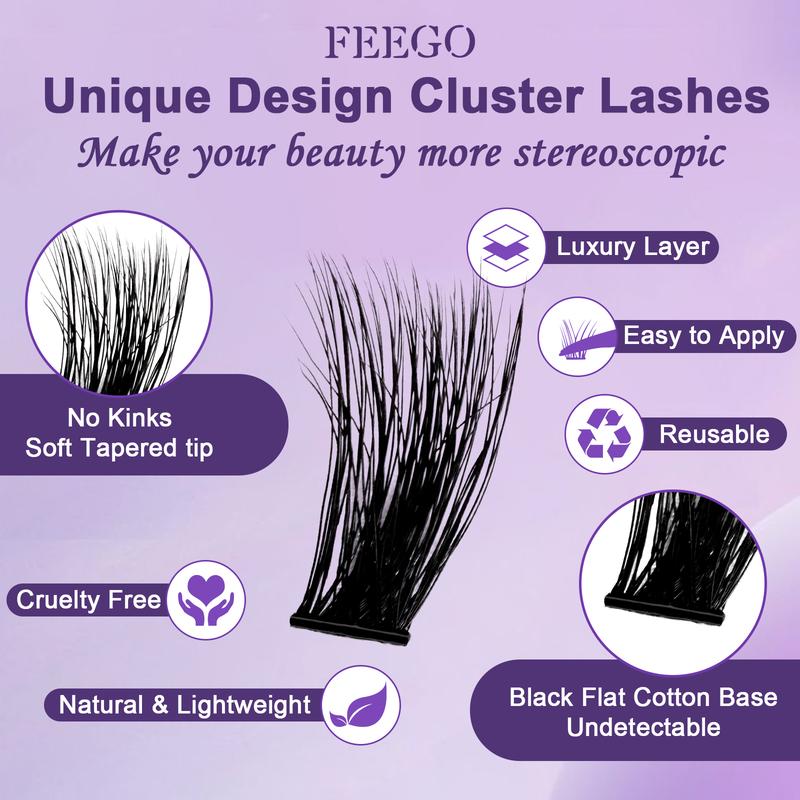 FEEGO 100D Fluffy Lash Extensions Kit 10-18mm Thick Eyelashs Clusters Kit Lashes Clusters with Bond and Seal DIY at Home for Beginners Waterproof