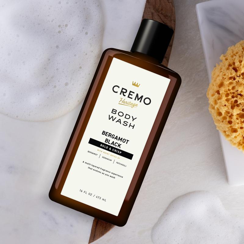 Cremo Mens Body Wash Heritage Black, Bergamot Black Scent, 16 fl oz