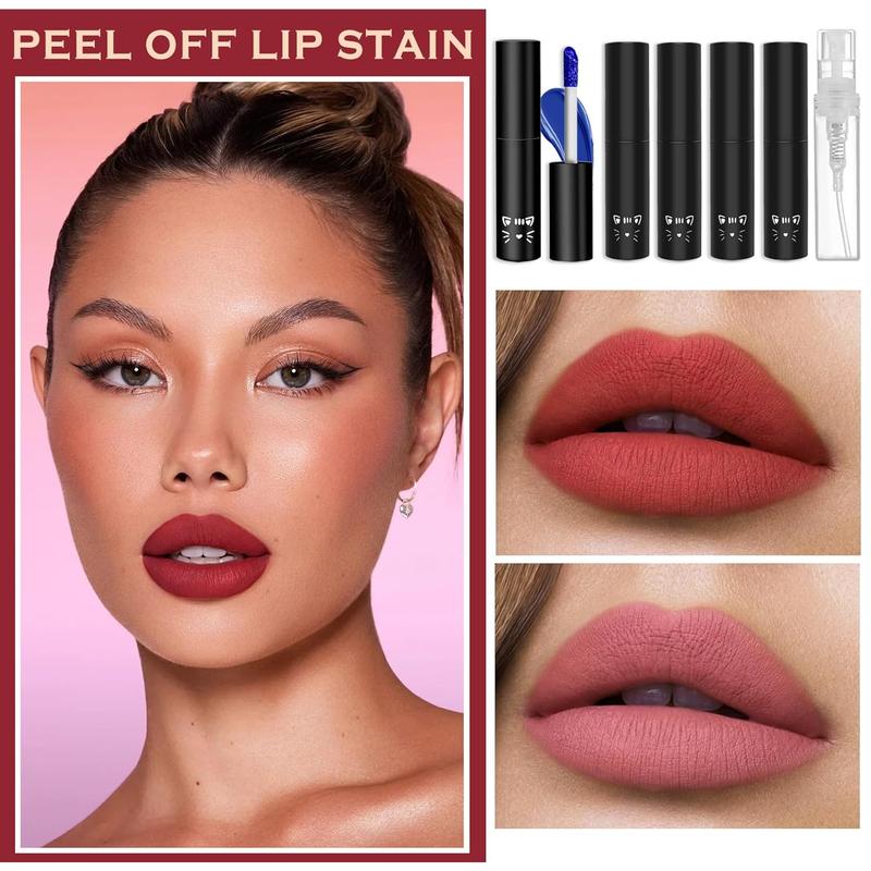 5Pcs Peel Off Lip Stain Lip Tint SetLiquid Lipstick Nude Lip Gloss Long Lasting Waterproof Lip Tint Stain Non-stick Cup Peel Off Lipstick Lip Makeup for Women Girls