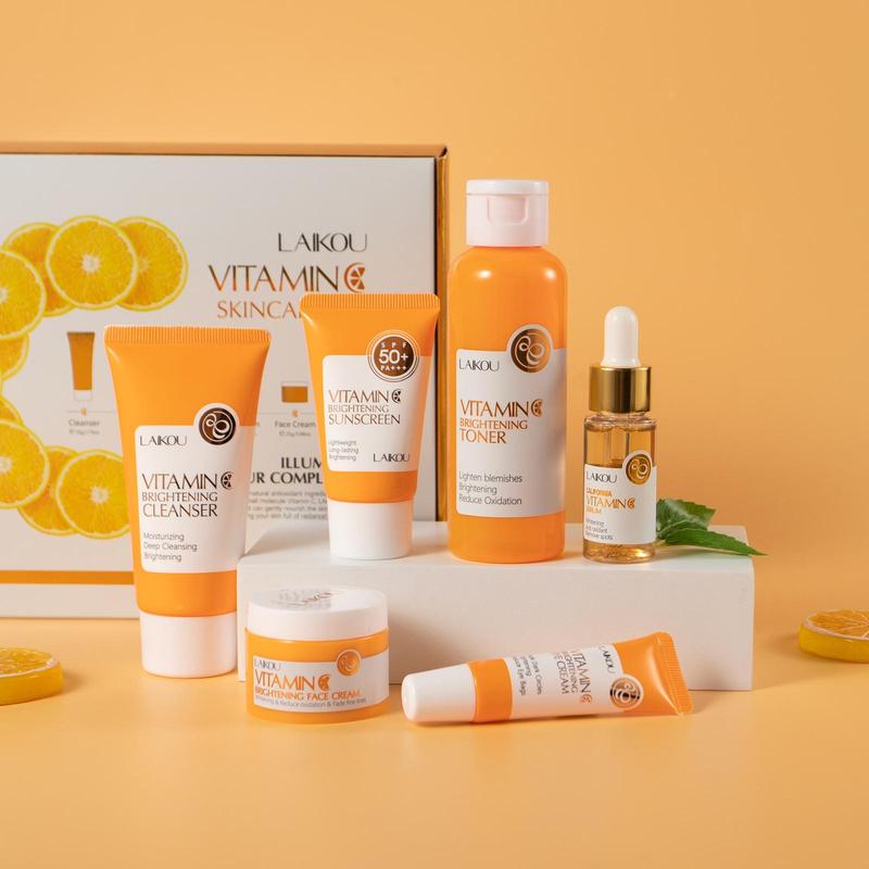 Vitamin C Skincare Kit, 6 Counts set Facial Cleanser & Refreshing Toner & Facial Moisturizer & Eye Cream & Hydrating Face Essence & Sun Care Cream, Women's Personal Care Products, Skin Care Products