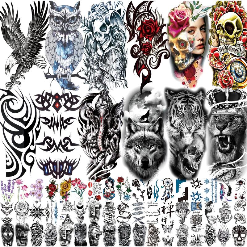 80 Sheets Temporary Tattoos Stickers, Fake Body Arm Chest Shoulder Tattoos for Men and Women,  Temporary Tattoos Black Fake Skull Skeleton Tattoos for Cosplay tattoo sticker fake  tattoos sheet temporary