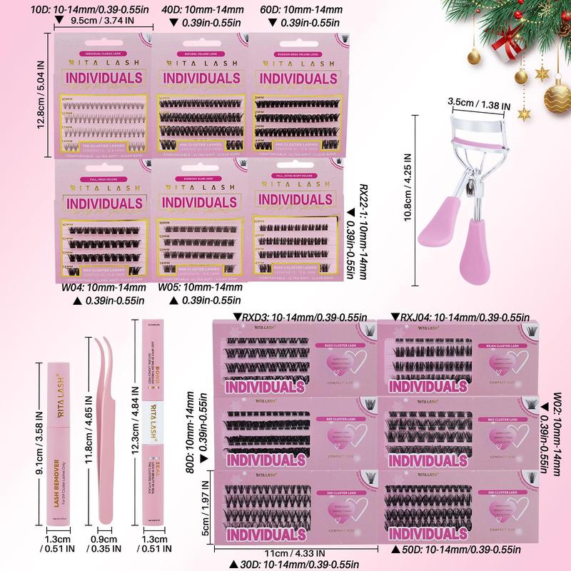 Individual False Eyelashes Kit, 1 Set Mixed Length & Styles Natural Look Eyelash Extensions, Cluster Lash Kit, Self Grafting Curl Eyelashes, Eye Makeup Enhancement, Christmas Gift