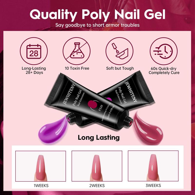 JEWHITENY 28 Colors Poly Nail Extension Gel Kit for Starter at Home Poly Nail Gel All-in-one Kit with Nail Lamp French Trendy Manicure DIY Kit