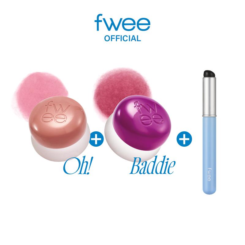 [Oh! Baddie] fwee Lip&Cheek Blurry Pudding Pot | Makeup Blush and Blurred Matte Lips | Pudding Texture, Airbrushed Finish | 2 colors (Oh!+Baddie) + Lip brush makeup set