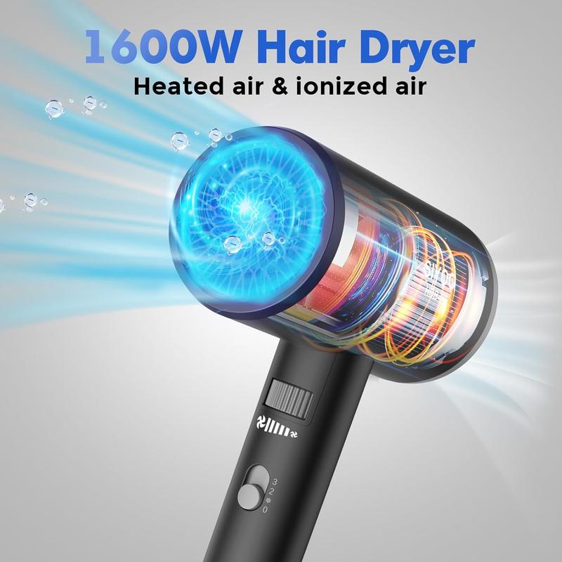 Professional Hair Dryer Ionic Blow Dryer with Diffuser and Nozzle, 1600 Watt Negative Ions Salon Light Hairdryer for Man Women Black