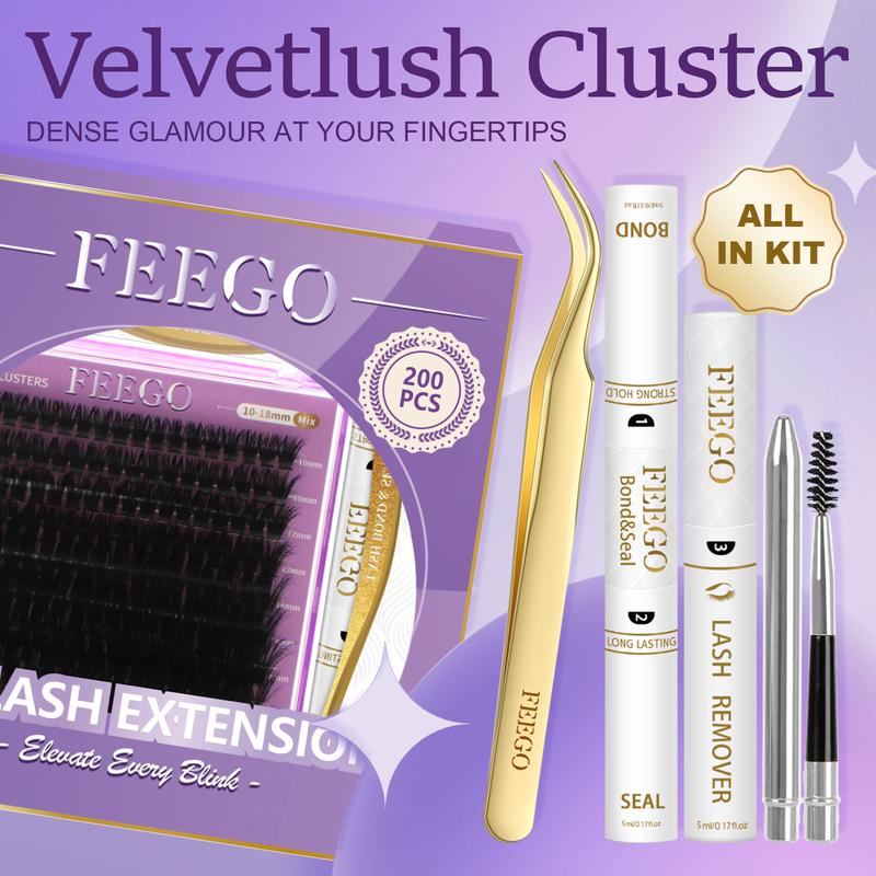 FEEGO 100D Fluffy Lash Extensions Kit 10-18mm Thick Eyelashs Clusters Kit Lashes Clusters with Bond and Seal DIY at Home for Beginners Waterproof