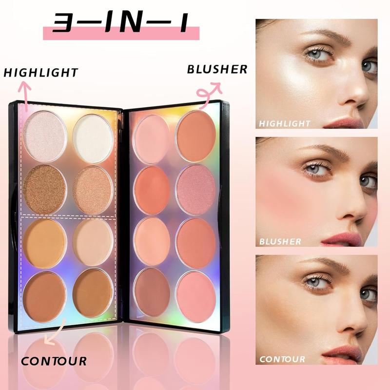 Blush Contour Highlighter Makeup Palette with Brush, Matte Mineral Face Blush Powder , Bright Shimmer Illuminator Bronzer Professional Facial Beauty