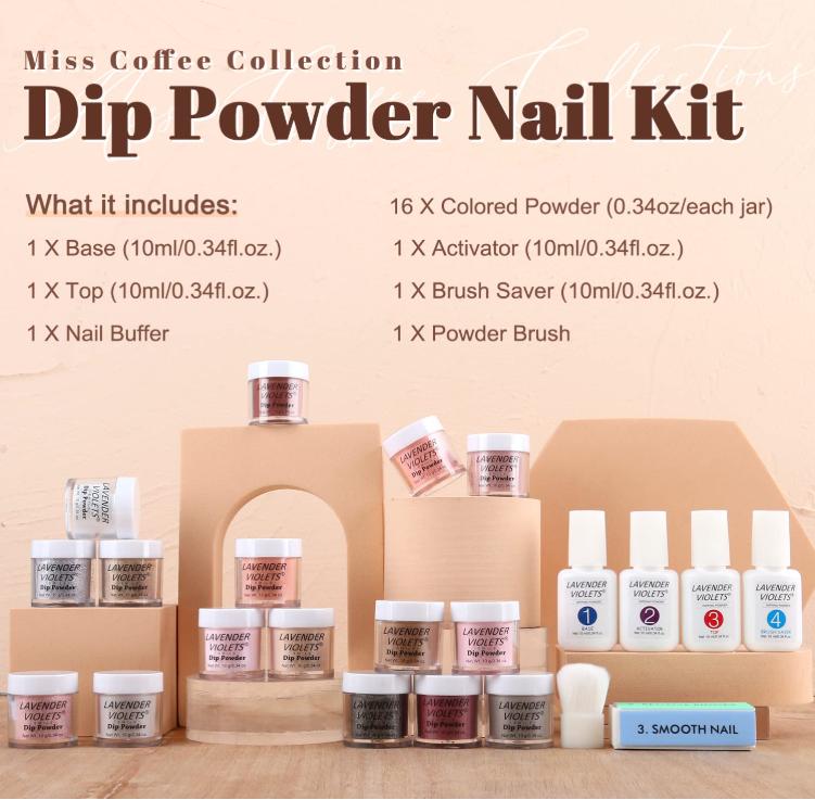 Lavender Violets 22 Pcs Dip Powder Nail Kit Starter - 16 Colors Nude Pinkish Brown Skin Tone Dipping Powder Liquid Set with Base Top Coat, Activator, Brush Saver, Nail Buffer and Powder Brush M960B