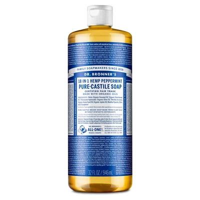 Dr. Bronner's 18-In-1 Hemp Pure-Castile Liquid Soap - Peppermint - 32 fl oz Body Care Cleanser Organic Scent Clear Foaming Smooth Synthetic Comfort