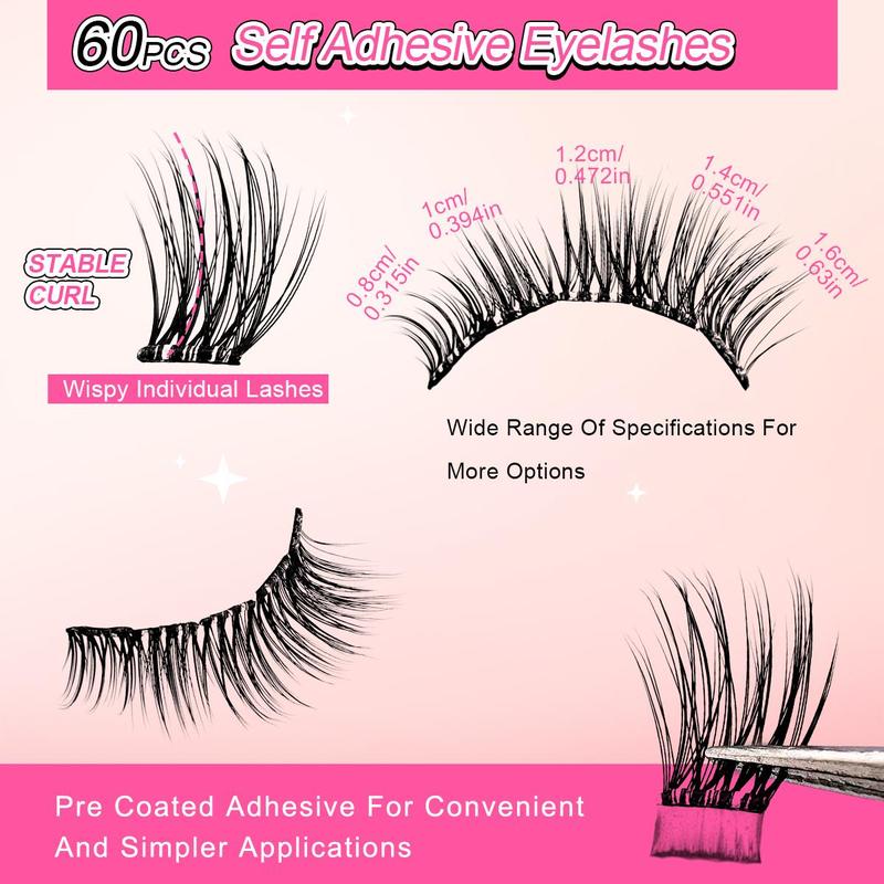 Self Adhesive Eyelashes, 60pcs set Natural Look Eyelash Extensions with Eyelash Curler, Eye Makeup Product for Women & Girls