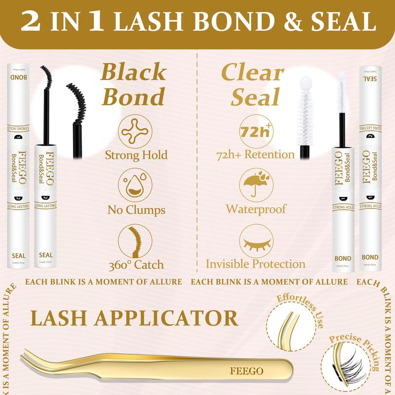 FEEGO False Eyelashes 280Pcs 60D+80D 10-18mm Fluffy Eyelash Set,DIY Eyelash Extension D Curl，Waterproof Bond Seal,Remover,Eyelash Tweezers,Brushes