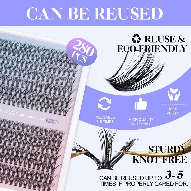 Lankiz 30p 40p 50p DIY Eyelash Extensions Kit with 280 pcs Durable & Soft Individual Lash Clusters, Beginners Friendly Eyelashes Cosmetic Makeup