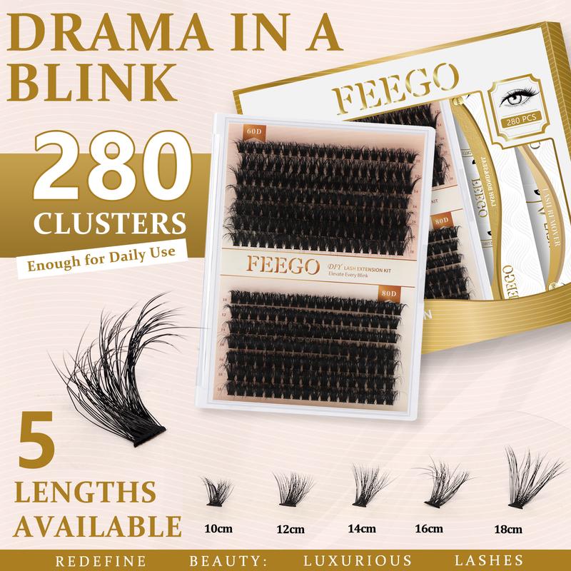 FEEGO False Eyelashes 280Pcs 60D+80D 10-18mm Fluffy Eyelash Set,DIY Eyelash Extension D Curl，Waterproof Bond Seal,Remover,Eyelash Tweezers,Brushes