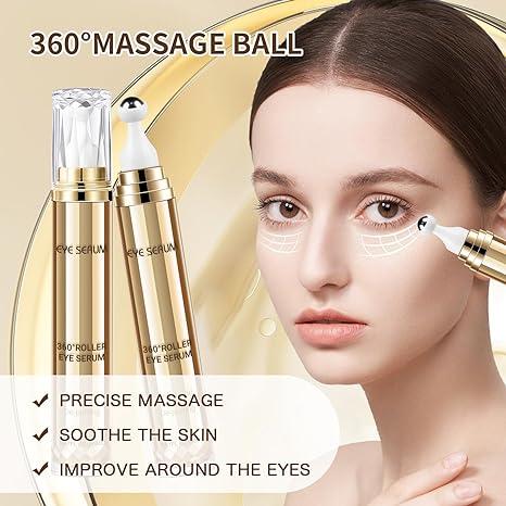 Eye Serum 5% Caffeine,Under Eye Cream for Dark Circles & Puffiness Eve Care Eye Roller Serum with 360°Massage Ball Reduce Eye Bags Wrinkles & Fine Lines 20ML