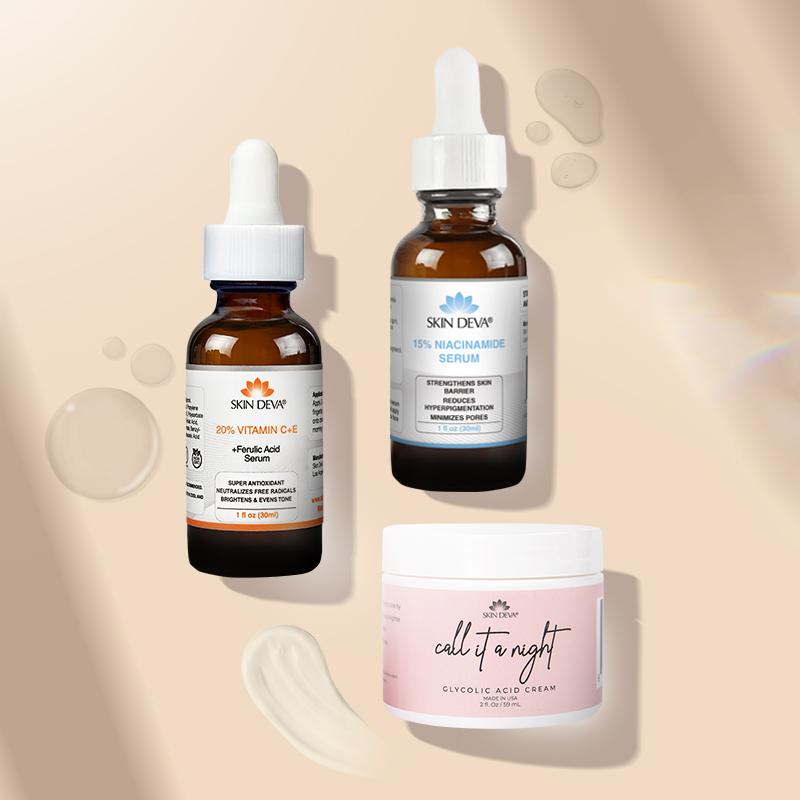 Tiktok Exclusive Bundle | 20% Vitamin C + E Ferulic Acid Serum | 15% Niacinamide Serum | Glycolic Acid Cream | Even Tone, Clear Pores & Smooth Texture Bundle