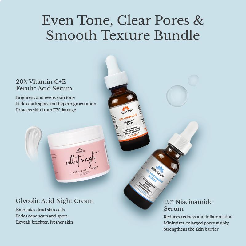 Tiktok Exclusive Bundle | 20% Vitamin C + E Ferulic Acid Serum | 15% Niacinamide Serum | Glycolic Acid Cream | Even Tone, Clear Pores & Smooth Texture Bundle