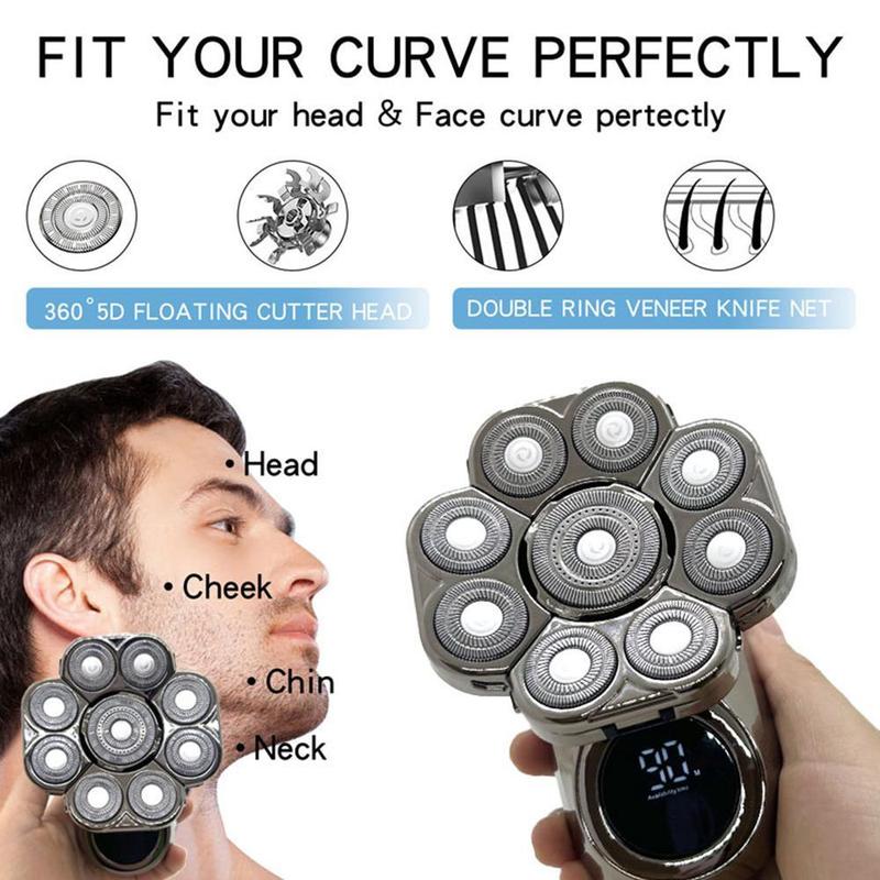 6-in-1 Electric Head Hair Shaver Mens Cordless Rechargeable Wet Dry Skull & Bald Head Waterproof Razor with Rotary Blades, Clippers, Nose Trimmer, Brush, Massager Home&Travel Valentine Gift