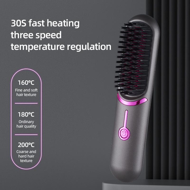 Cordless Negative Ion Hair Straightener Brush, USB Rechargeable Fast Heating Straightening Brush, Lightweight for Travel