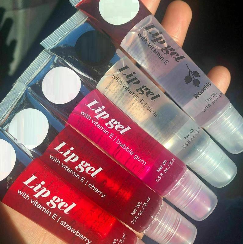 NEW VARIETY SET of 5  Hydrating Lip Gel with Vitamin E - Clear, Rosehip Oil, Bubble Gum, Cherry, and Strawberry By Walstore Skincare Comfort