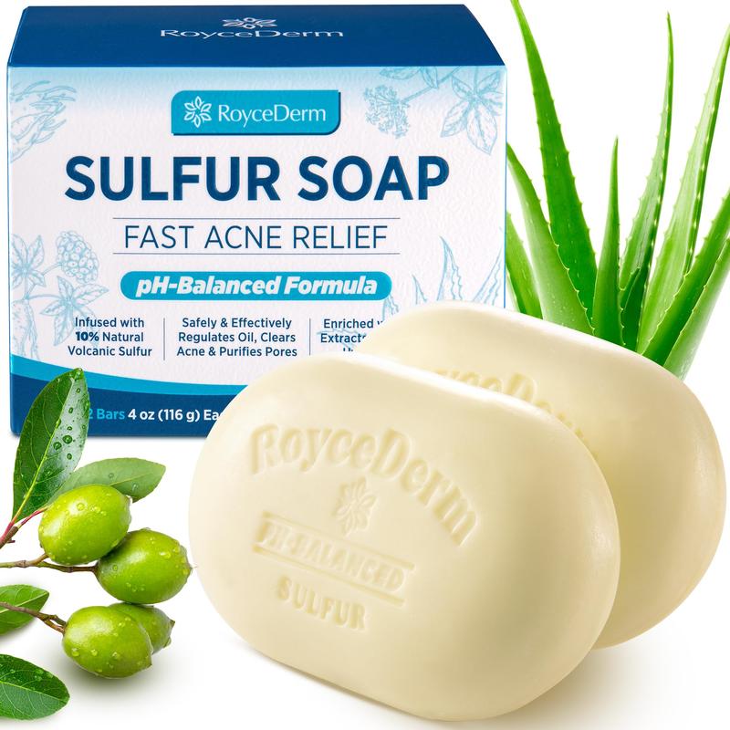 Roycederm Sulfur Soap 2 Bars for Acne Relief - Face and Body Wash for Sensitive Skin and Blemish-Prone Areas - with 10% Volcanic Sulfur and Tea Tree Oil Body Care Aloe