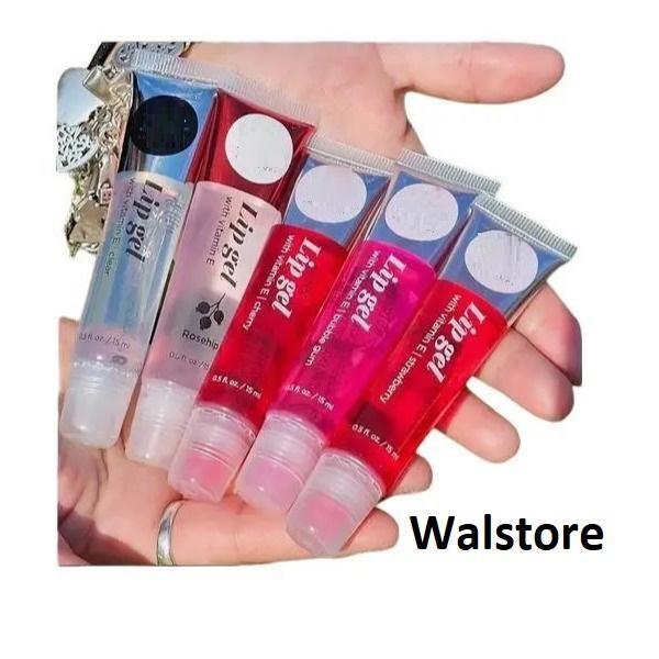 NEW VARIETY SET of 5  Hydrating Lip Gel with Vitamin E - Clear, Rosehip Oil, Bubble Gum, Cherry, and Strawberry By Walstore Skincare Comfort