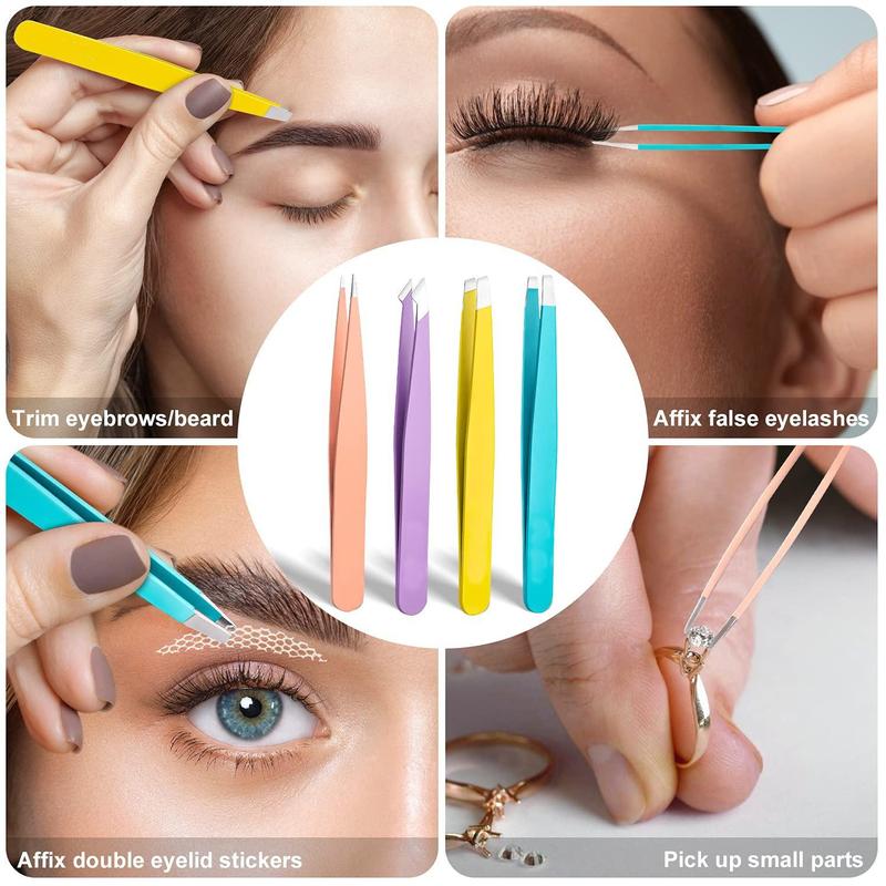 4pcs Portable Eyebrow Tweezers Set With Storage Case, Multicolor Eye Beauty Makeup Cosmetic Tool