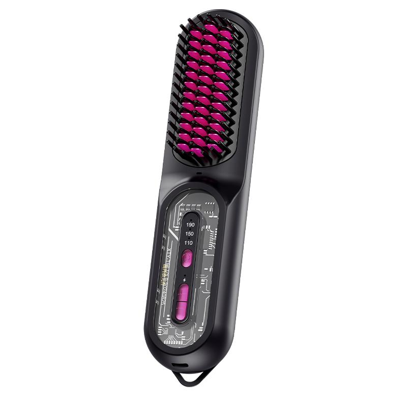 Cordless Hair Straightener Brush, Portable Straightener Brush for Travel and Three Level Temperature Regulation, Type-C Rechargeable Straightening Comb