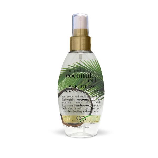 OGX Nourishing + Coconut Oil Weightless Hydrating Oil Hair Mist, Lightweight Leave-In Hair Treatment with Coconut Oil & Bamboo Extract, Paraben & Sulfate Surfactant-Free, 4 fl oz