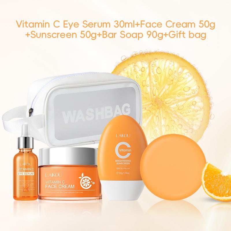 Vitamin C Skincare Set, 1 Set Vitamin C Handmade Soap & Face Cream & Serum & Sunscreen & Makeup Bag, Moisturizing Skin Care Kit for Women