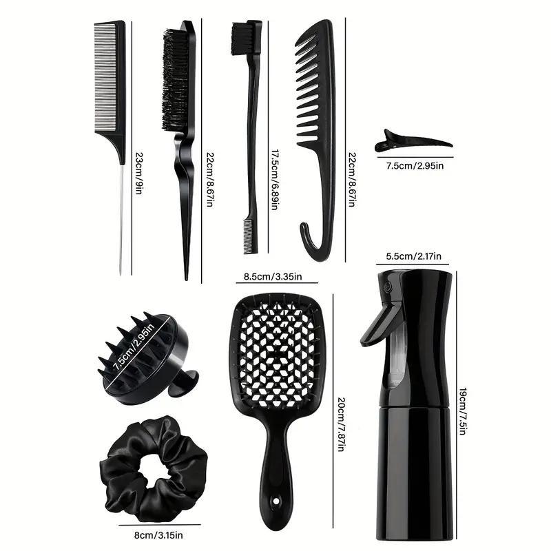 Hair Styling Tool Set, 12pcs set Hair Brush & Combs & Massage Brush & Hair Tie & Hair Clips & Hair Spray Bottle, Heatless Styling Tools Set, Hair Products, Hair Essentials, Slick Back Bun Girl, Hair Styling Tools, French Combs, Christmas Gift