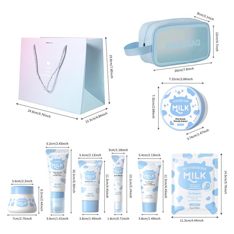 Milk Skincare Set, Moisturizing Skin Care Kit, Including Cleanser, Sunscreen, Scrub, Hand Wax, Eye Cream, Face Cream, Mask, Makeup Bag, Skin Care Gift Set