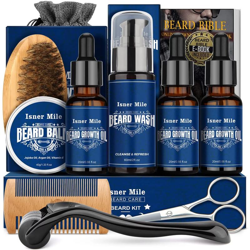 Beard Growth Kit,Beard Care Kit,Beard Grooming Kit, Beard Gift Kit with Beard Roller, Beard Grooming Oil, Beard Wash, Beard Balm, Beard Brush, Comb, Shaving Scissors, Bag, eBook, Birthday Gifts for Father Boyfriends Dad Men Him