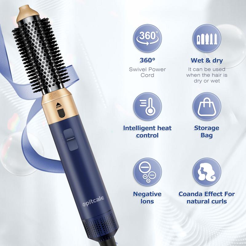 5 in 1 Hair Dryer Power Smoothing Conditioning Styling Tool - Curling Iron Hot Air Brush System with Hair Measuring Hair Dryer Brush, Smoothing Brush, Curling Brush - Curling Iron Styler - Intelligent Thermal Control, Detachable Multi-Use Styler (Blue)