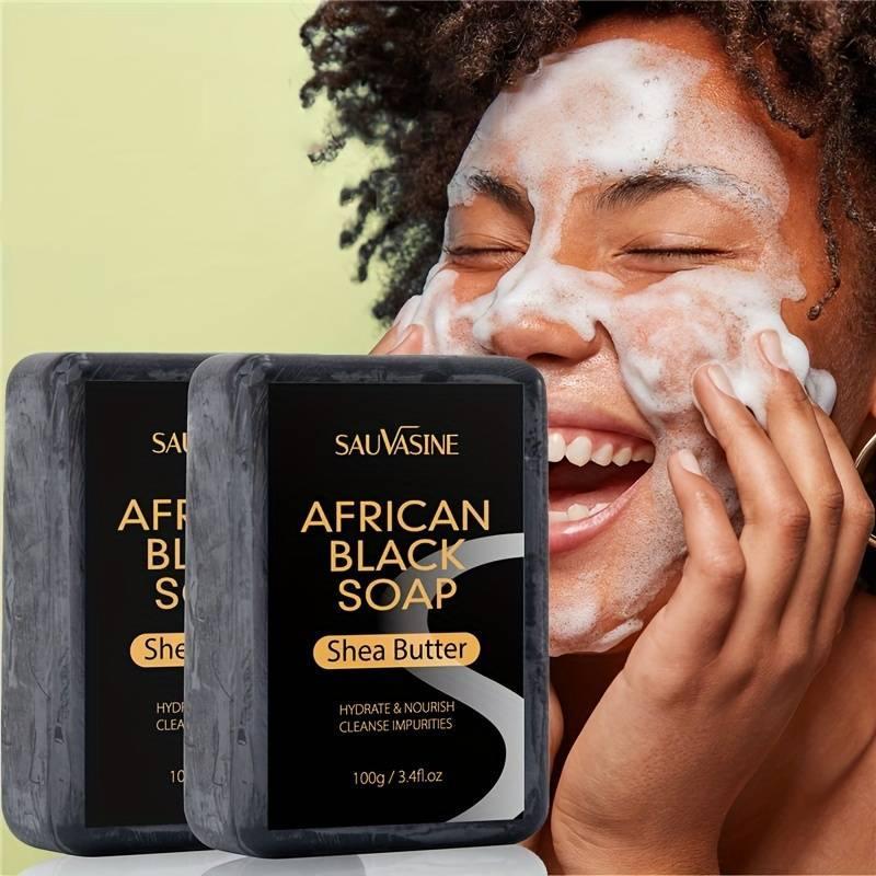 African Black Soap, 2 Counts Moisturizing Skin Soap, Deep Cleansing Skin Soap for Face & Body, Body Wash & Cleansers for Men & Women