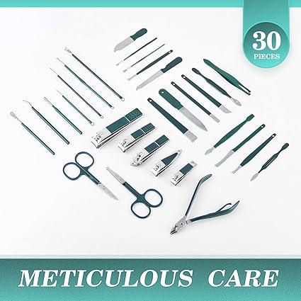 30-Piece Manicure Set with Nail Clippers - Complete Pedicure Kit in Green Travel Case for Home, Work, Gifts, and Salons Stainless Cutics