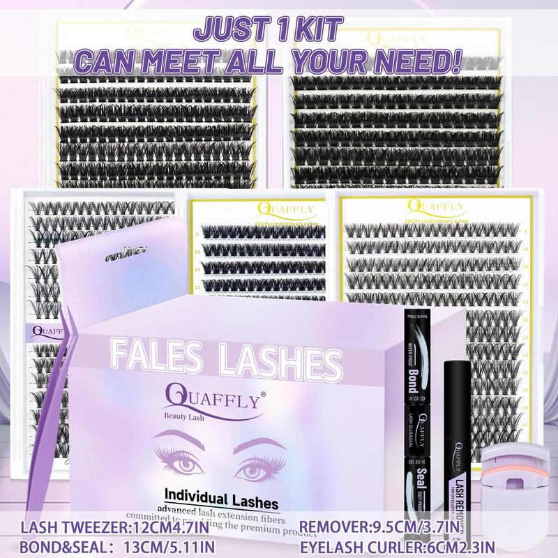 Mixed Length False Eyelashes with Bond and Seal & Remover & Tweezers & Eyelash Curler, 1 Box Natural Look Eyelash Extensions, Self Grafting Eyelash Clusters, Christmas Gift