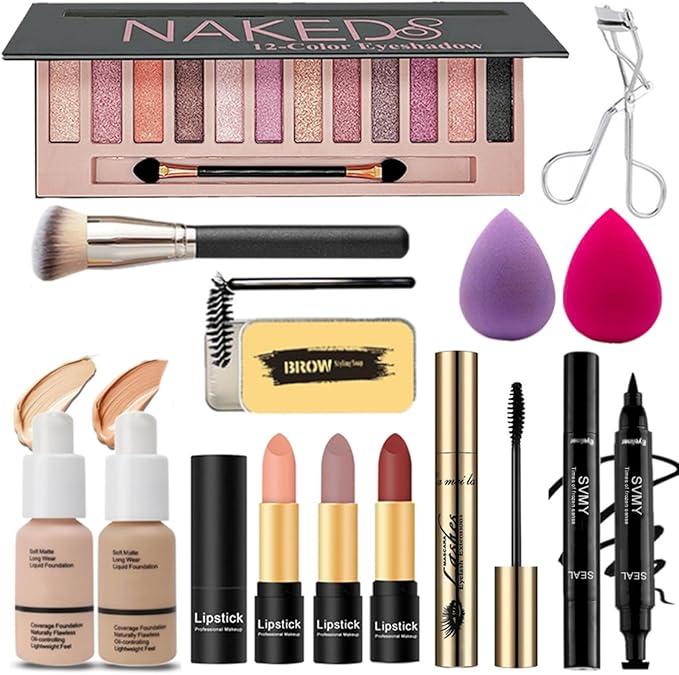 13 Pcs All in One Makeup Kit For Teens Full Kit, Professional Makeup Gift Set for Women Include 12 Colors Eyeshadow,Foundation,Lipsticks,Eyeliner,Mascara,Makeup Brush (A2-02)