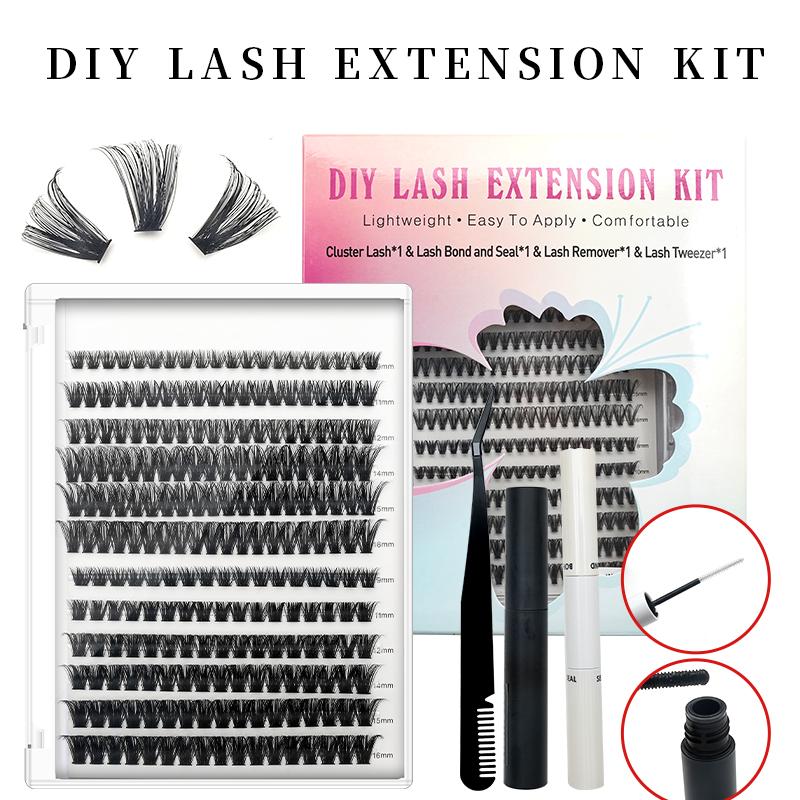 Glamour Upgrade DIY Goddess Essentials Eyelash Extension Set - 240 Mixed Cluster mega Lashes, 9-17mm, 30D and 40D Volume, (with Applicator and Eyelash Adhesive and Sealer) with Adhesive, Sealer and Tweezers for home use!   Makeup Eyelashes Extensions