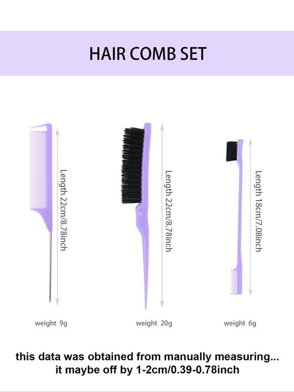 Hair Styling Comb Set, 3pcs Hair Styling Comb Set, Teasing Hair Brush, Rat Tail Comb, Double Sided Edge & Back Brushing, Combing, Slicking Hair for Women Baby Hair for Women Baby Hair