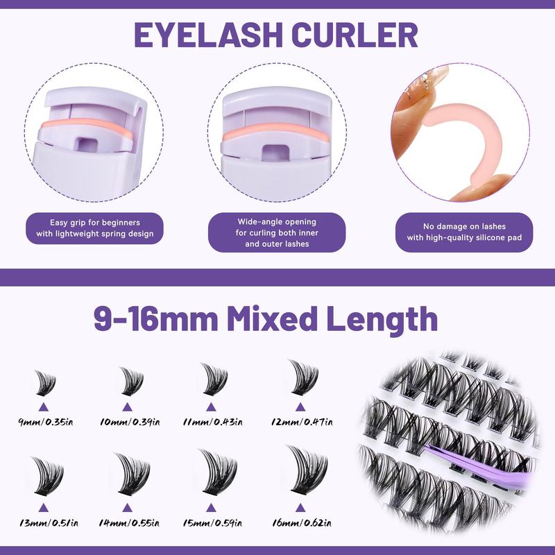 Mixed Length False Eyelashes with Bond and Seal & Remover & Tweezers & Eyelash Curler, 1 Box Natural Look Eyelash Extensions, Self Grafting Eyelash Clusters, Christmas Gift