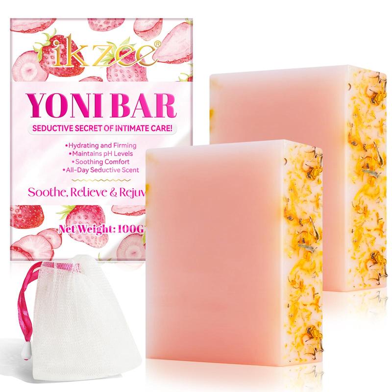 Strawberry Flavor Yoni Bar Soap, 2 Counts set Hydrating Intimate Care Soap with Foaming Net, Safe and Mild Ingredients Soap for Women