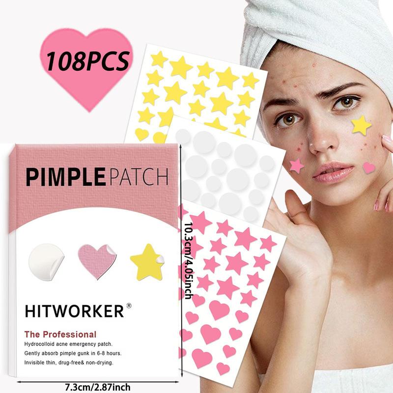 Pimple Patch Set, 108pcs set Star & Heart & Round Shaped Acne Cover Patches, Gentle Facial Skin Care Product for Women & Men