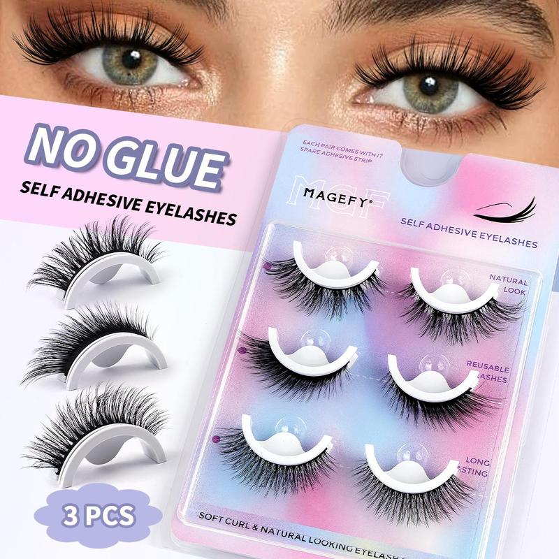 Self-adhesive False Eyelashes Set, 3 Pairs Lightweight Reusable Natural & Fluffy Lashes, Easy Application for Beginners