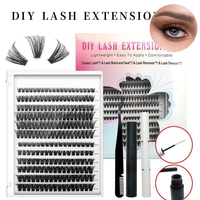 Glamour Upgrade DIY Goddess Essentials Eyelash Extension Set - 240 Mixed Cluster mega Lashes, 9-17mm, 30D and 40D Volume, (with Applicator and Eyelash Adhesive and Sealer) with Adhesive, Sealer and Tweezers for home use!   Makeup Eyelashes Extensions