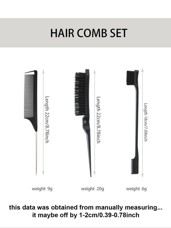 Hair Styling Comb Set, 3pcs Hair Styling Comb Set, Teasing Hair Brush, Rat Tail Comb, Double Sided Edge & Back Brushing, Combing, Slicking Hair for Women Baby Hair for Women Baby Hair