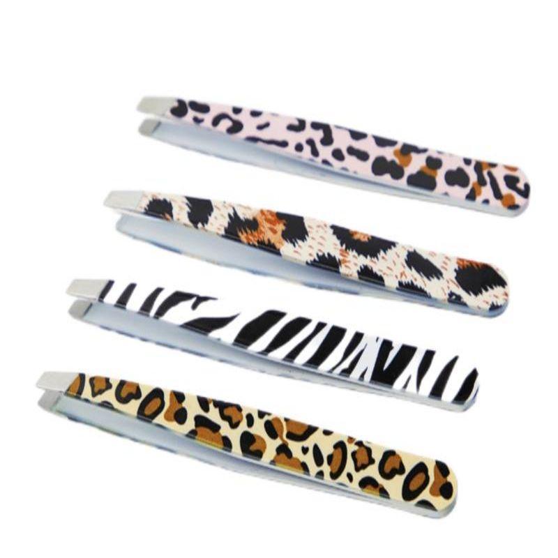 Leopard Pattern Tweezers Set, 4 Counts set Slanted Eyebrow Tweezers, Multifunctional Makeup Tools for Women & Girls