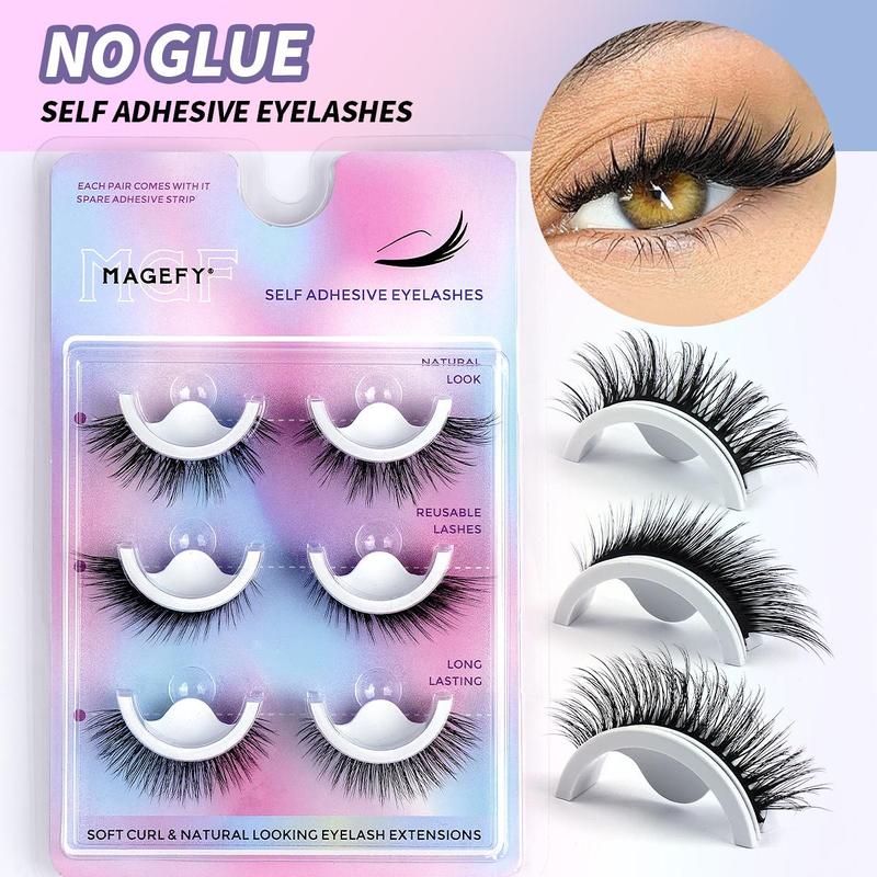 Self-adhesive False Eyelashes Set, 3 Pairs Lightweight Reusable Natural & Fluffy Lashes, Easy Application for Beginners